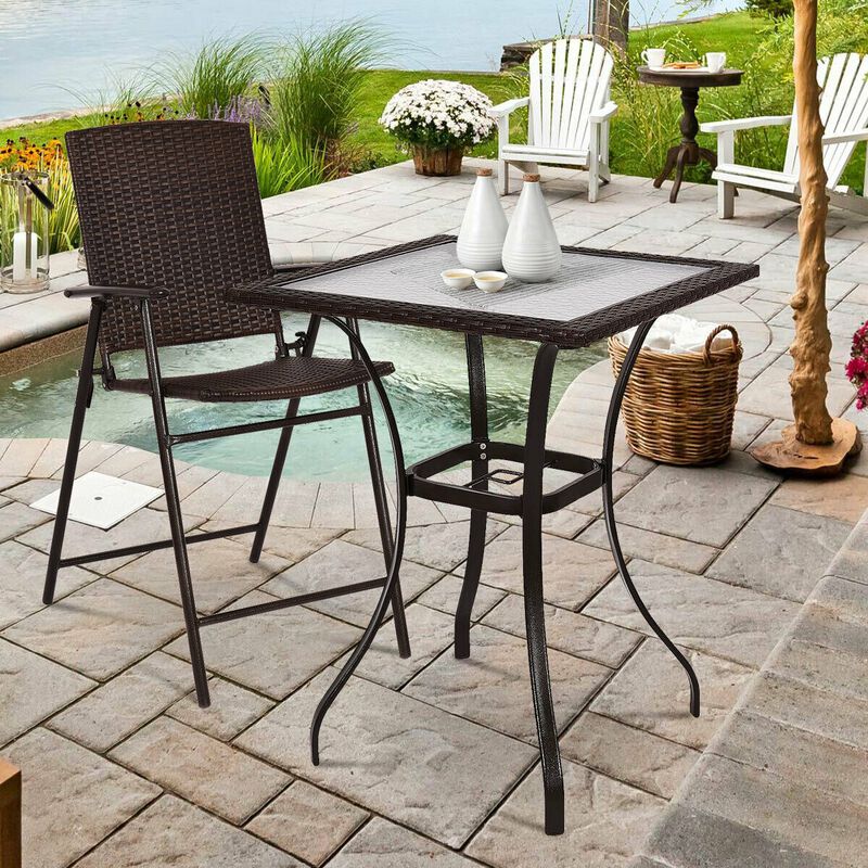 Outdoor Patio Square Glass Top Table with Rattan Edging