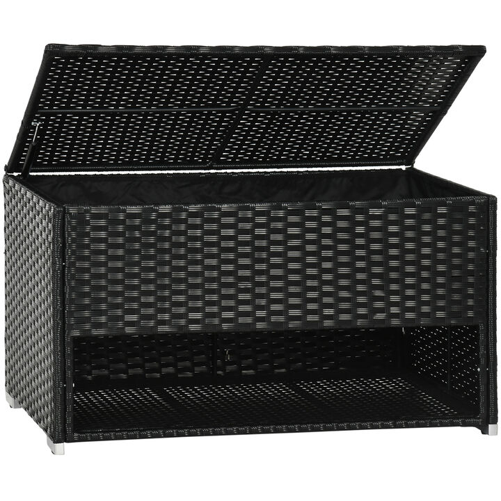 Outsunny Outdoor Deck Box & Shoe Storage, PE Rattan Wicker Towel Rack with Liner for Indoor, Outdoor, Patio Furniture Cushions, Pool, Toys, Garden Tools, Black