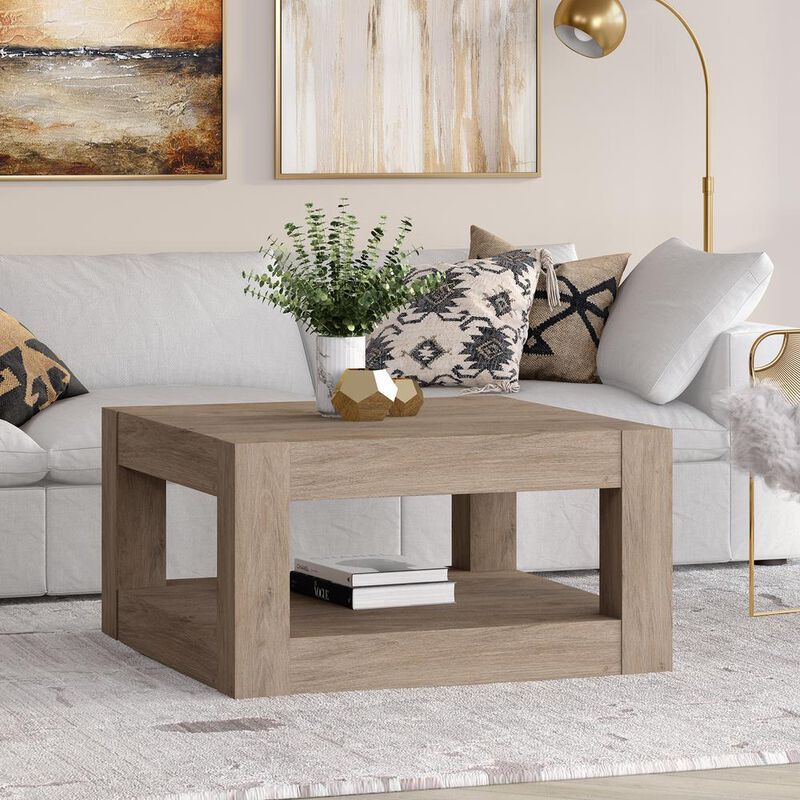 Hudson&Canal Hughes 32 Wide Square Coffee Table in Antiqued Gray Oak