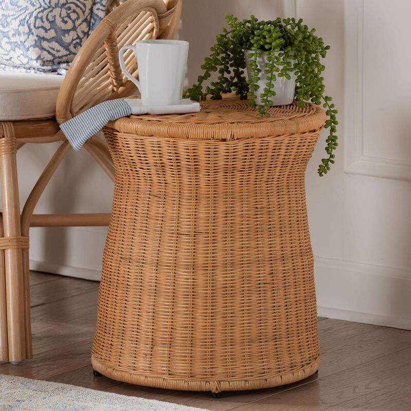 bali & pari Caroline Round Natural Rattan End Table &ndash; Handwoven Wicker Drum Shape Accent Table for Living Room or Sunroom, Light Honey.