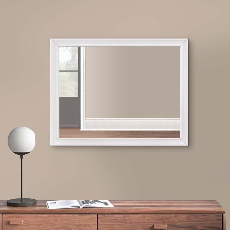 Ani 37 Inch Modern Rectangular Accent Mirror, Faux Wood Veneer Frame, White - Benzara