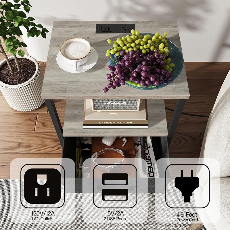 TUTOTAK End Table with Charging Station, Side Table with 2 USB Ports and Outlets, Nightstand with Cloth Drawer, Set of 2, Couch