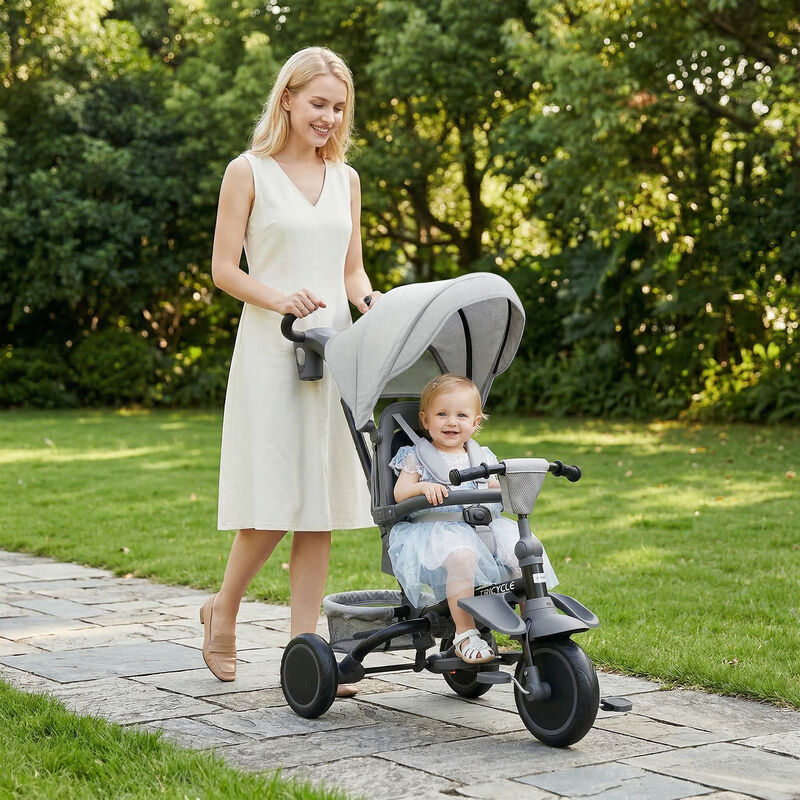 BreeBe 6 in 1 Kids Tricycle with Adjustable Push Handle, Removable Canopy, Reversible Seat image number 1