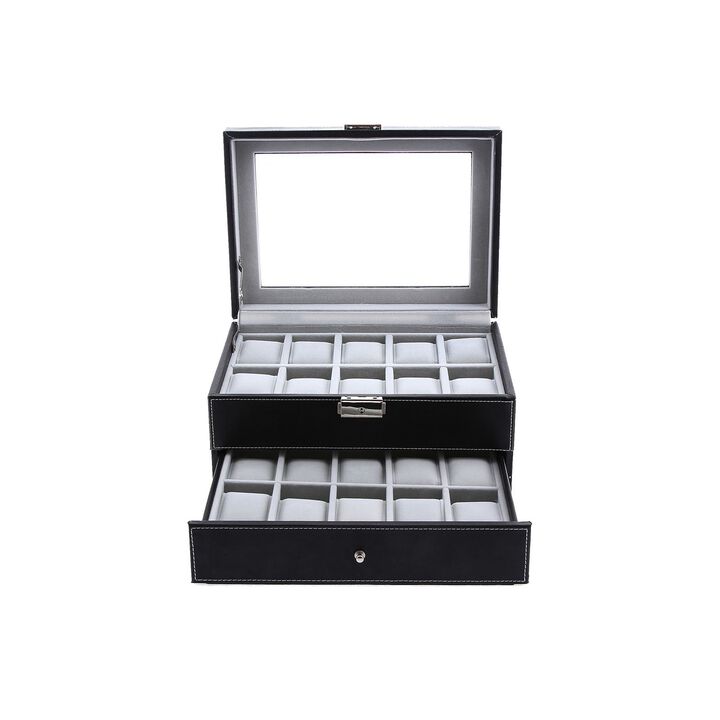20-Slot Watch Storage Box with Glass Display Lid and Secure Lock