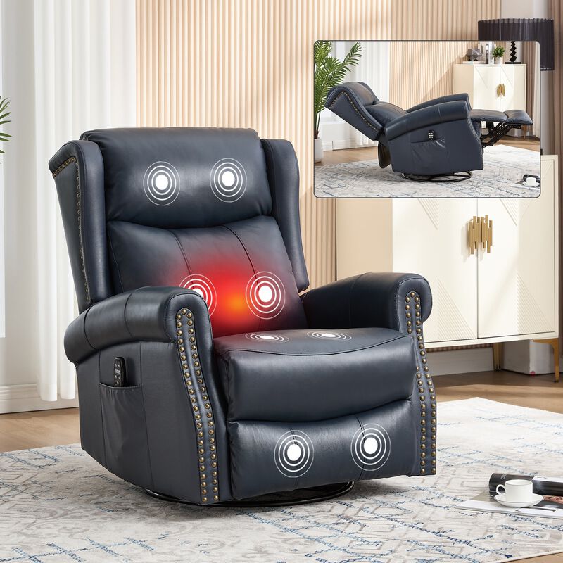 Genuine leather Heat Massage Manual Recliner Chair with Rocker and Swivel for Living Room image number 1