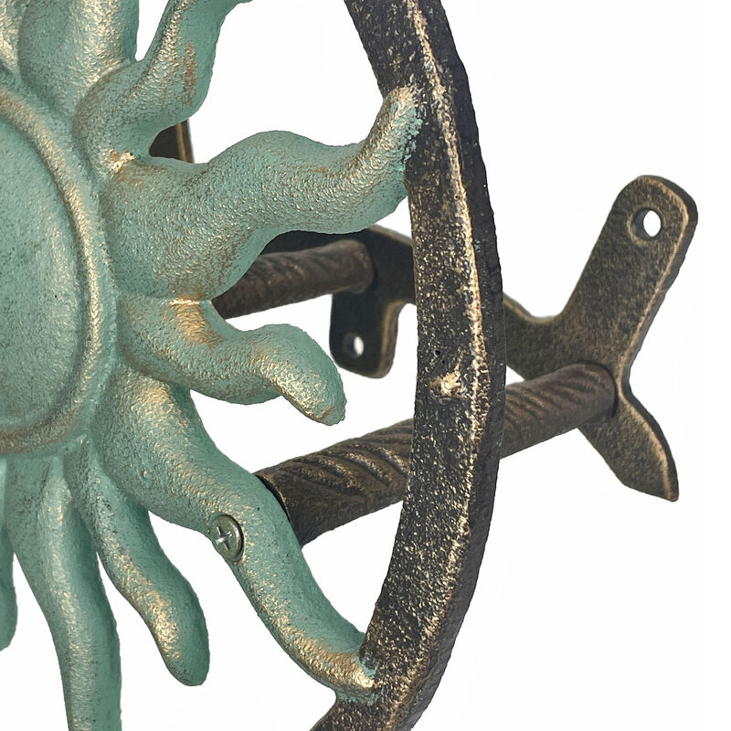 Decorative Sun Cast Iron Hose Holder Verdigris Bronze Outdoor Wall Mount Hanger image number 3