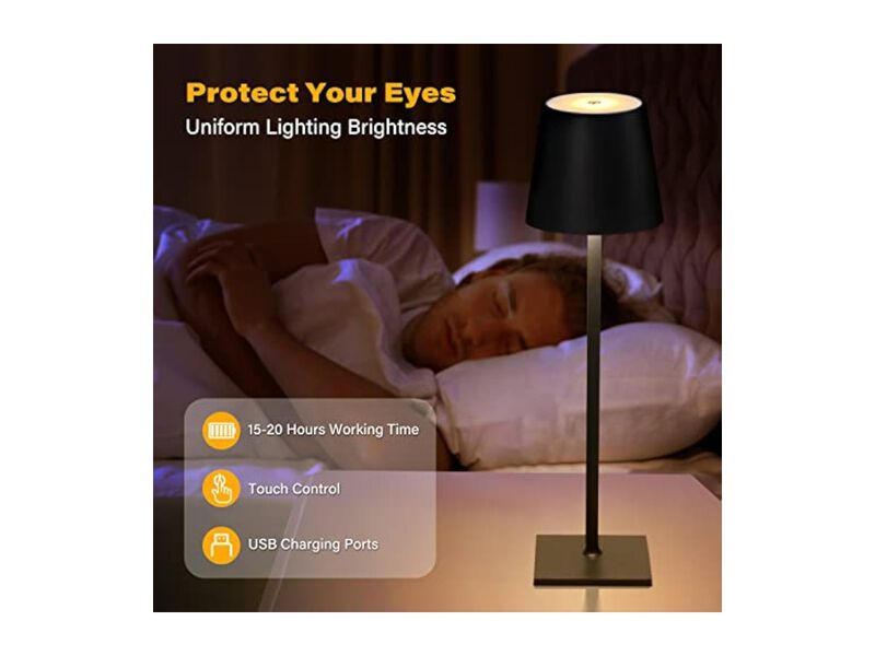 Rechargeable Cordless LED Desk Lamp For Bedroom Desk Dining Room 5000mAh Black image number 3