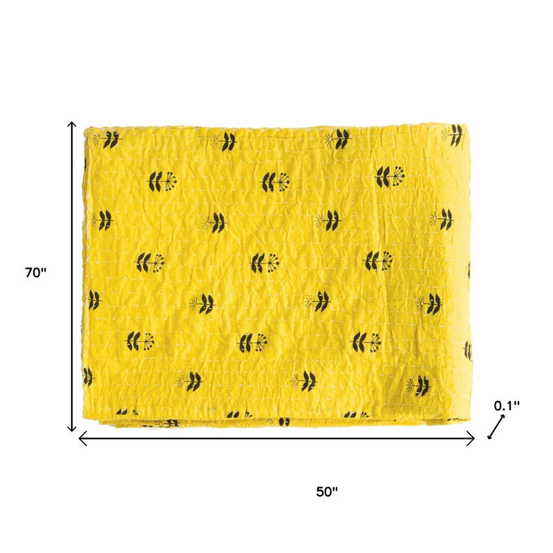 HomeRoots 50" X 70" Yellow And Black Floral Cotton Quilted Kantha Throw Blanket with Embroidery image number 3