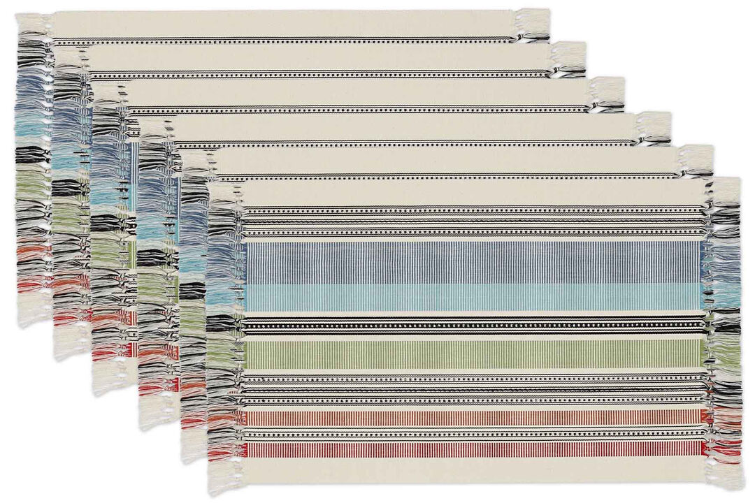 Set of 6 Blue and Red Mediterranean Stripe Fringed Rectangular Placemats 19"