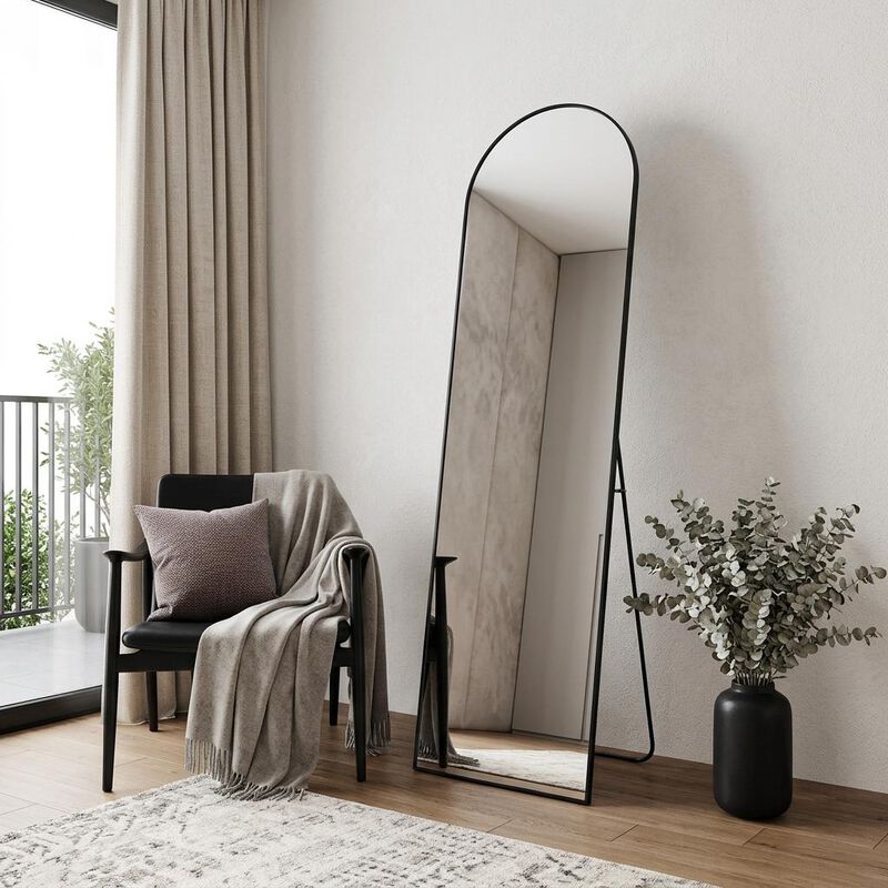 HomeRoots 59" Black Aluminum Arch Freestanding And Wall Mounted Framed Full Length Mirror image number 1