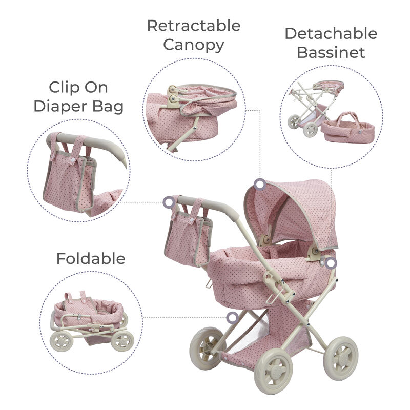 Olivia's Little World Polka Dot Princess Baby Doll Pram Stroller with Retractable Canopy & Storage, Pink/Gray