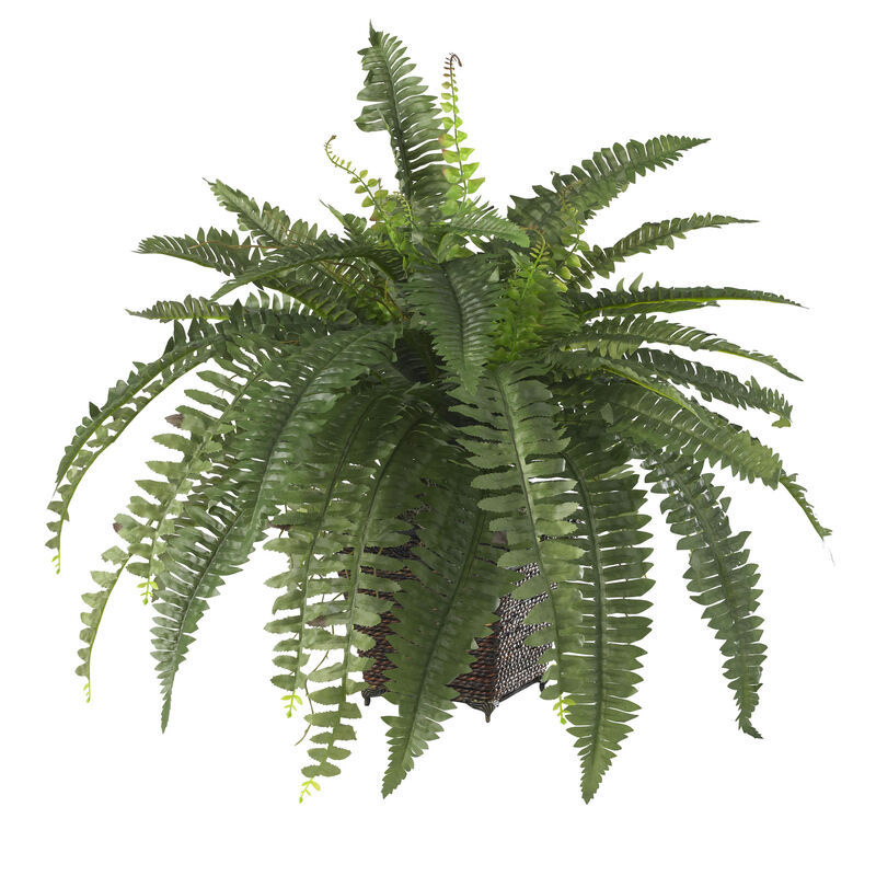 Nearly Natural Boston Fern w/Wood Wicker Basket