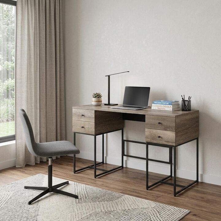 HomeRoots 47" Brown and Black Writing Desk With Four Drawers