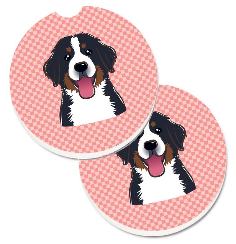 Caroline's Treasures Checkerboard Pink Bernese Mountain Dog Set of 2 Cup Holder Car Coasters BB1237CARC, 2.56, Multicolor
