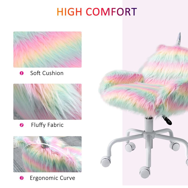 Vanity Chair, Fluffy Unicorn Office Desk Chair with Mid-Back, Armrest & 5 Smooth Nylon Casters for Home Makeup Room, Swivel Chair, Rainbow