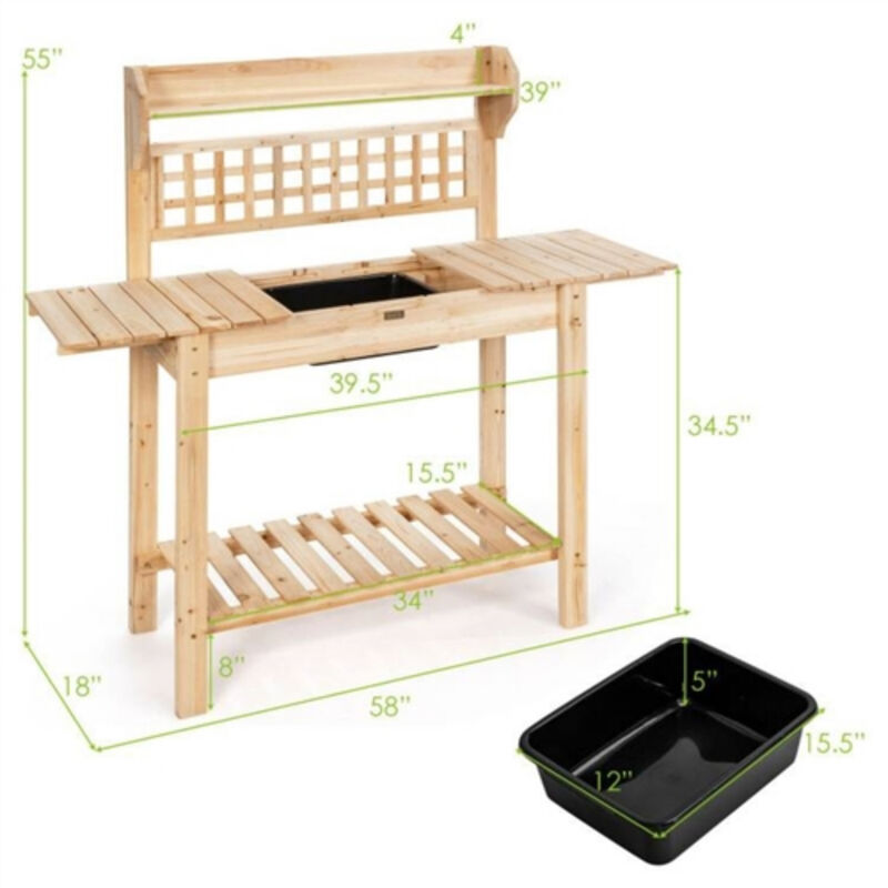Solid Wood Garden Potting Bench with Removable Sink and Bottom Shelf for Outdoor Use
