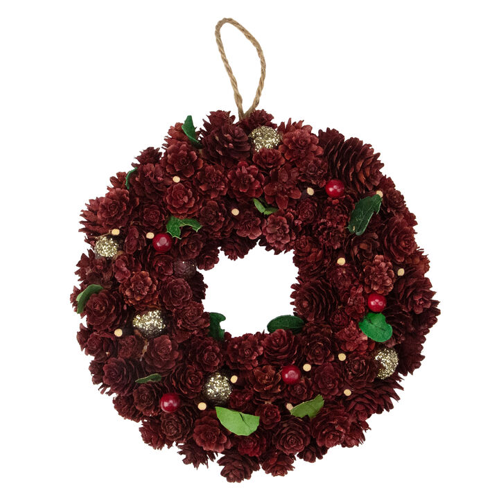 Red and Gold Pine Cone and Ornament Artificial Christmas Wreath  9.5-Inch  Unlit
