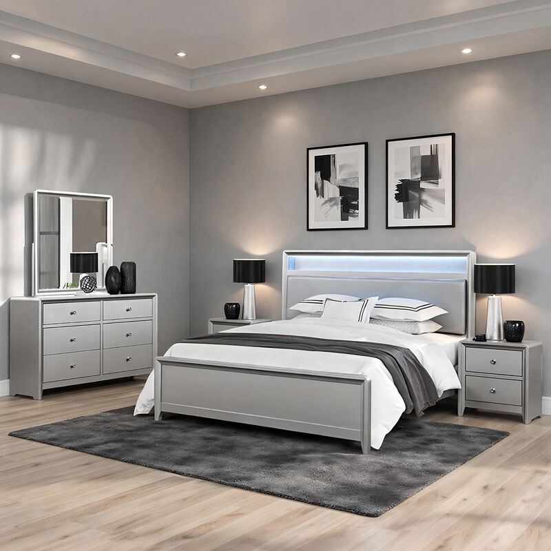 Broy 5pc Queen Bedroom Set, LED Bookcase Headboard, 2 Nightstands, Silver image number 6