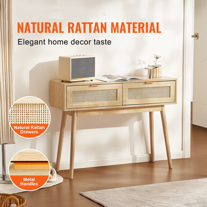 Boho Rattan Console Table – Entry Table with Drawers and Sliding Storage Door, Perfect for Small Spaces