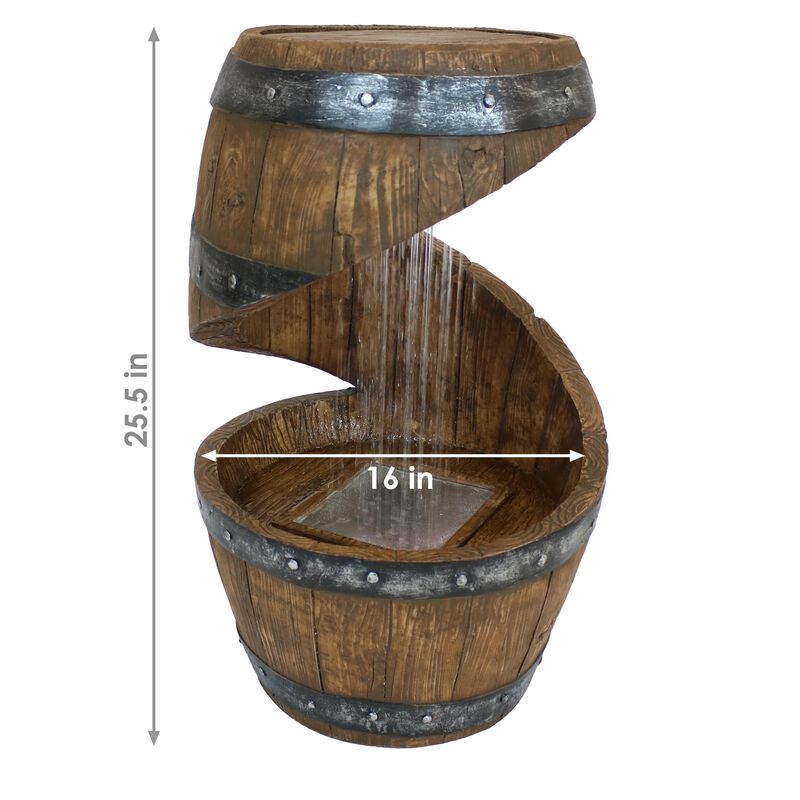 Sunnydaze Spiraling Barrel Outdoor Water Fountain with LED Lights - 25 in