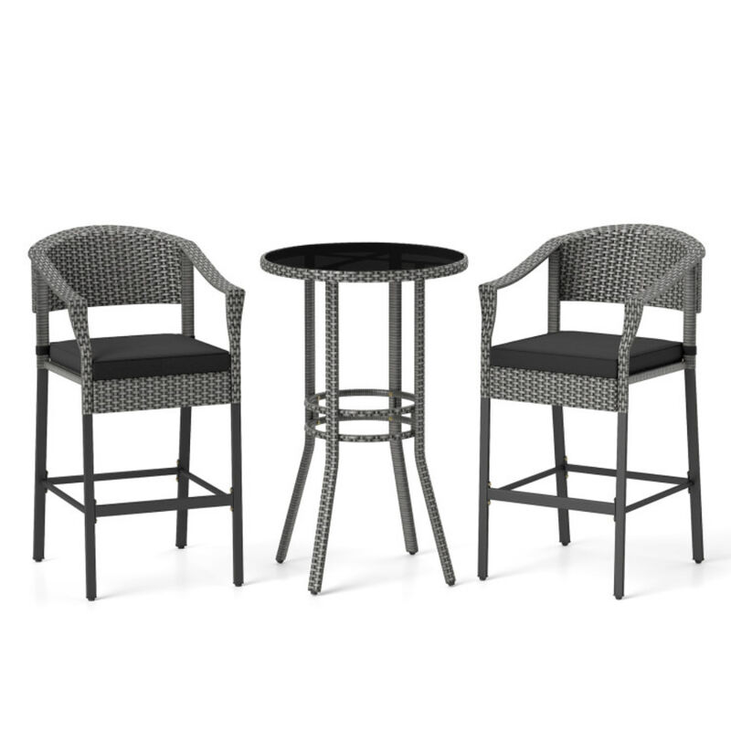 3-Piece Patio Rattan Bar Set with Tempered Glass Top for Backyard Poolside