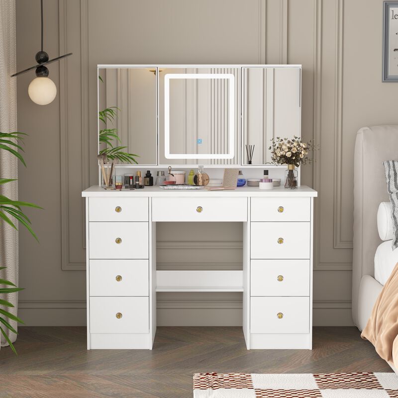 FUFU&GAGA Modern White Makeup Vanity Desk with 9 Drawers, LED Lighted 3 Mirrors, and Hidden Storage Shelves, (43.3 in. L x 19.7 in. W x 53.8 in. H), White