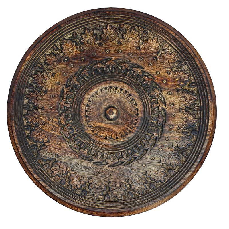 Jem 22 Inch Side End Table, Round Top, Hand Carved Boho Mandala Design with Twisted Base, Brown Mango Wood image number 3