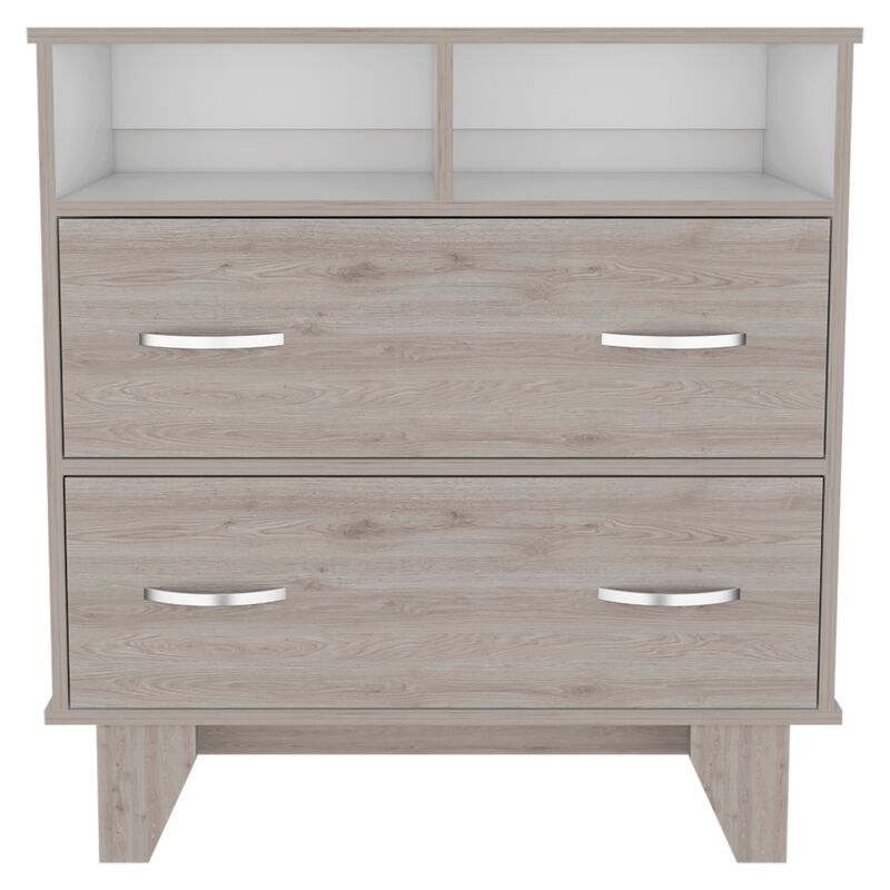 Portanova Two Drawer Dresser, Two Open Shelves, Superior Top,  Four Legs -Light Gray / White