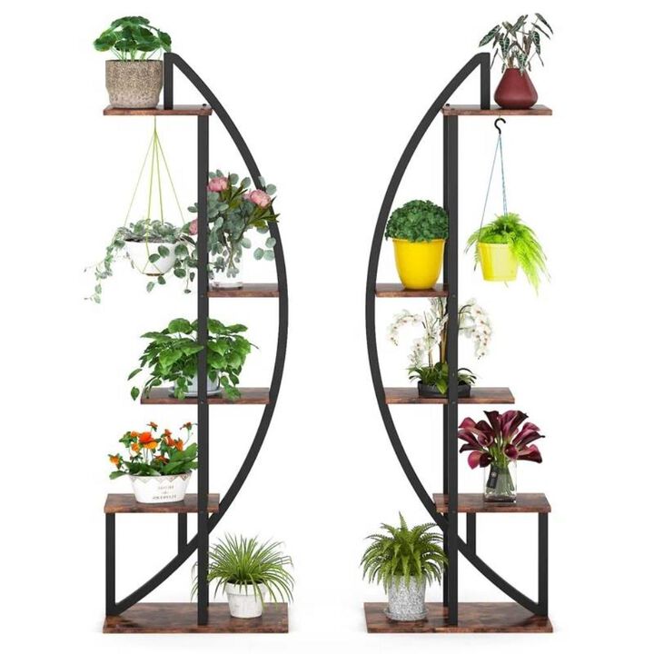 Hivvago Set of 2 - Symmetrical Modern Black Metal Wood 10-Shelf Plant Stand