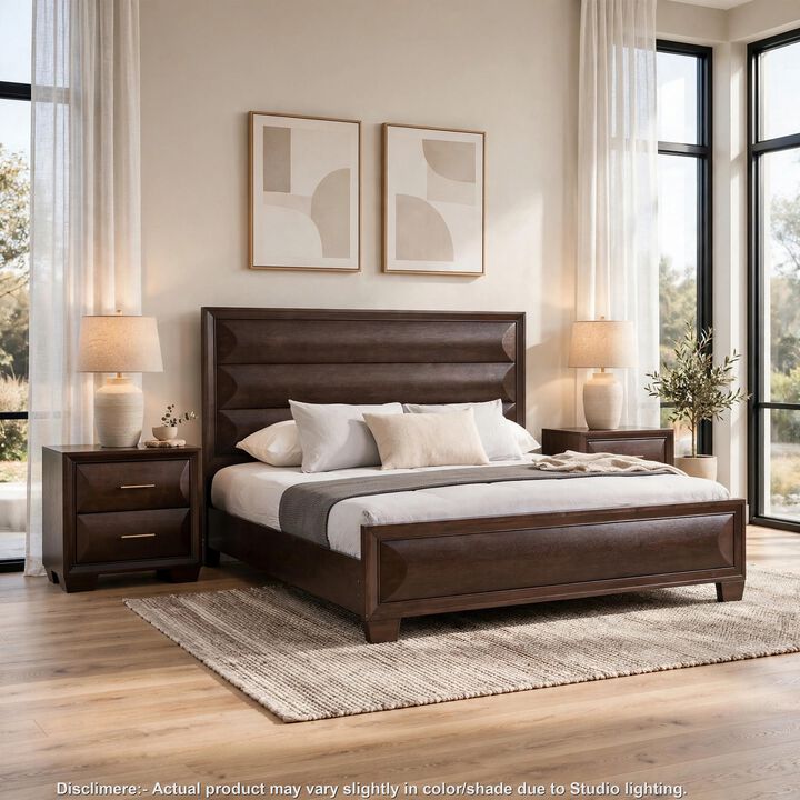 3pc King Bedroom Set, Espresso Brown, Gold Wood, 2 Nightstands