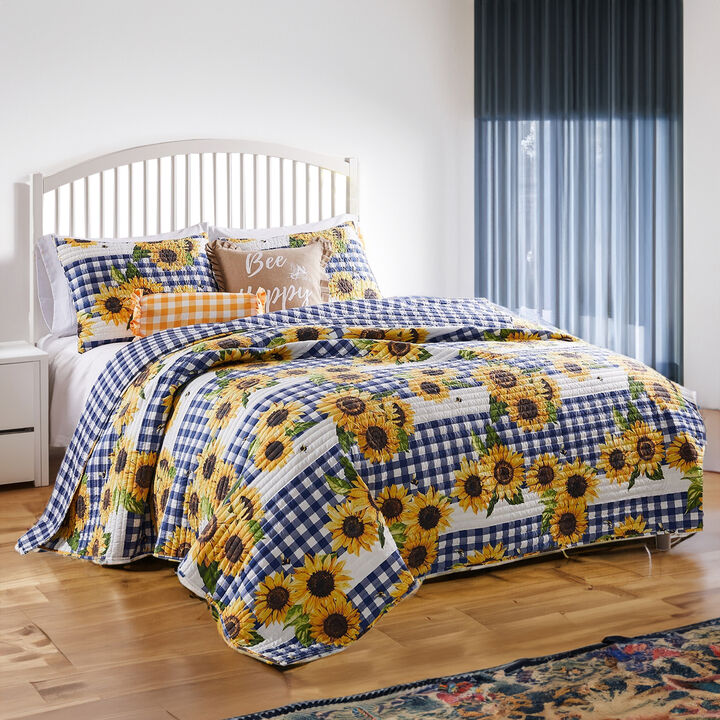 3 Piece King Quilt Set with Sunflower Print, Yellow - Benzara