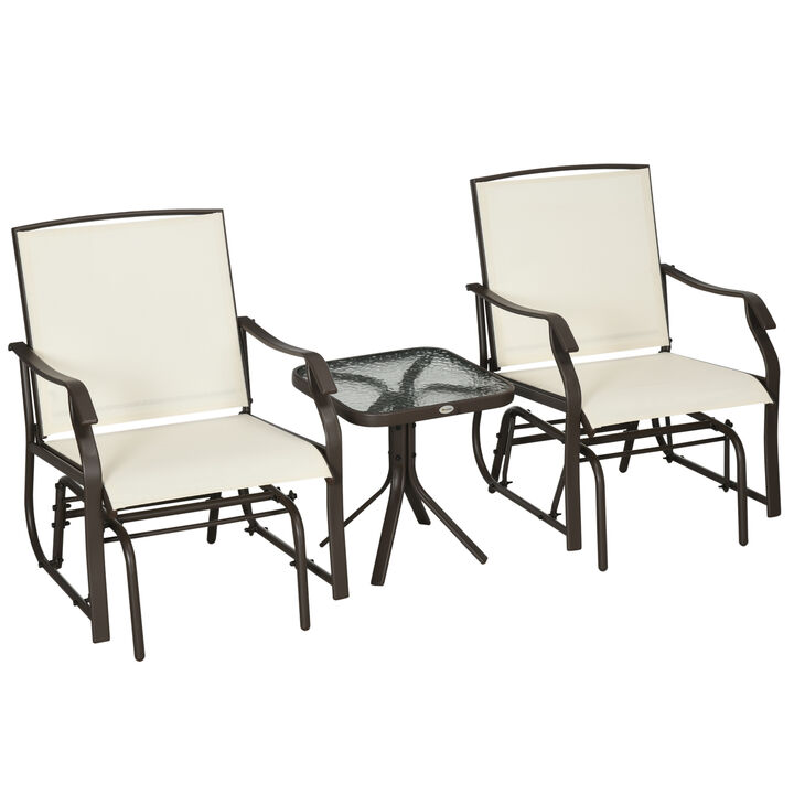 Outsunny 3 Piece Outdoor Glider Chair with Coffee Table Bistro Set, 2 Patio Rocking Swing Chairs with Breathable Sling Fabric, Glass Tabletop, for Backyard, Garden and Porch, Cream White