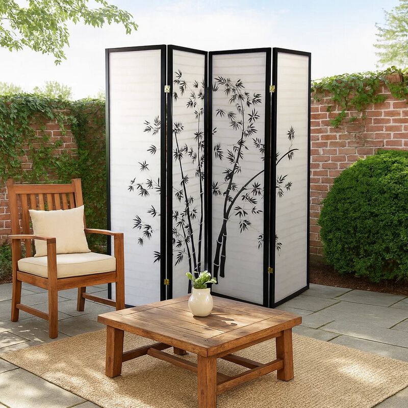 Wood and Paper 4 Panel Room Divider with Bamboo Print, White and Black image number 1
