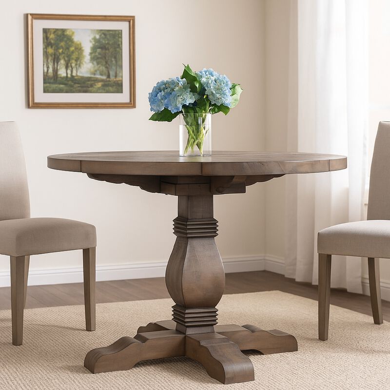 Round Reclaimed Wood Dining Table with Trestle Base, Weathered Brown - Benzara