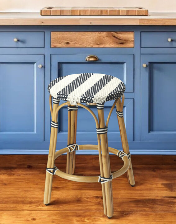 Hivvago 24 Inch Blue White And Natural Rattan Backless Counter Height Bar Chair