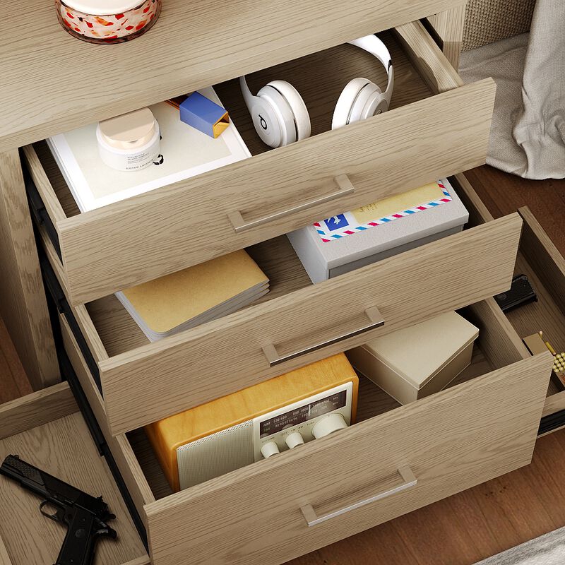 FUFU&GAGA Thickened 3-Drawer Nightstand with Hidden Storage, Bedside Table & Desk Side Cabinet, Textured Wood Grain, Silver Metal Brushed Handles (24.8 in. W x 23.6 in. D x 15.7 in. H), Khaki Brown