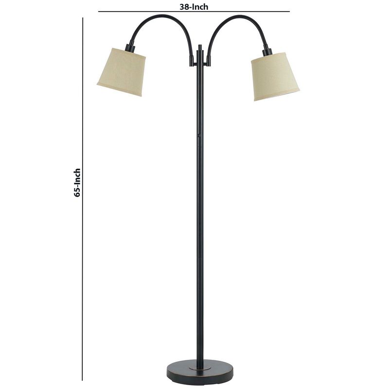 80 Watt Metal Floor Lamp with Dual Gooseneck and Uno Style Shades, Black - Benzara