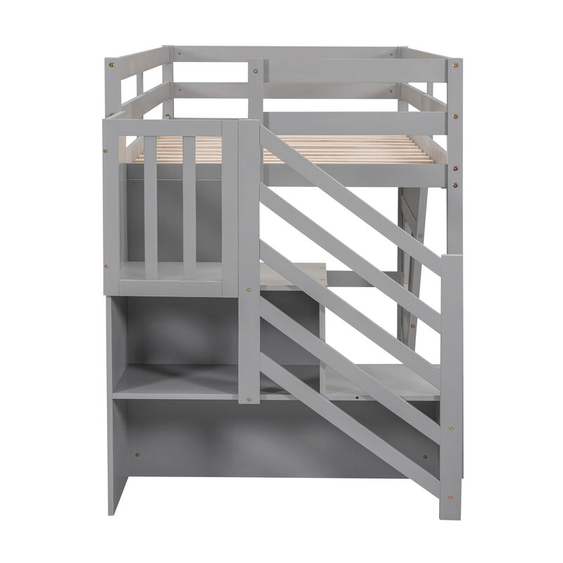 Whisen Wood Twin Size Loft Bed with Storage Staircase and Window - White