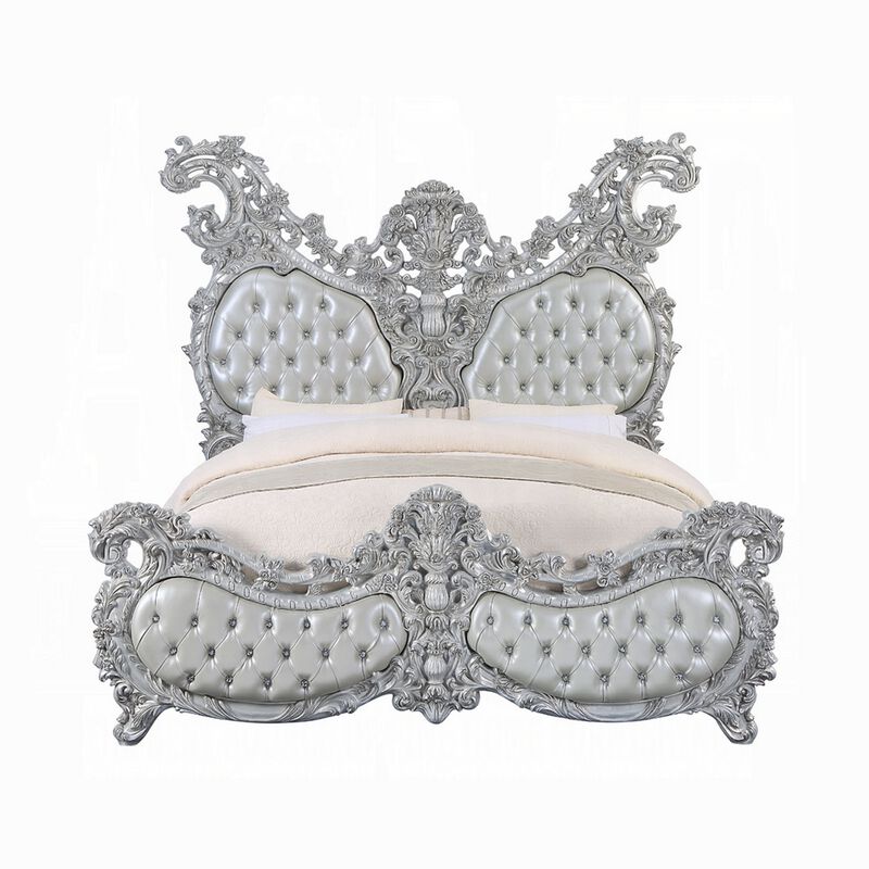 Vera King Size Bed, Ornate Carving, Platinum Faux Leather Upholstery - Benzara