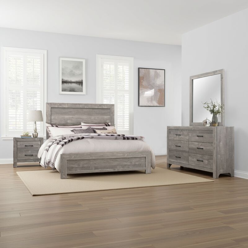 Eb Four Piece Queen Size Bedroom Set, Farmhouse Style, Gray, Black - Benzara