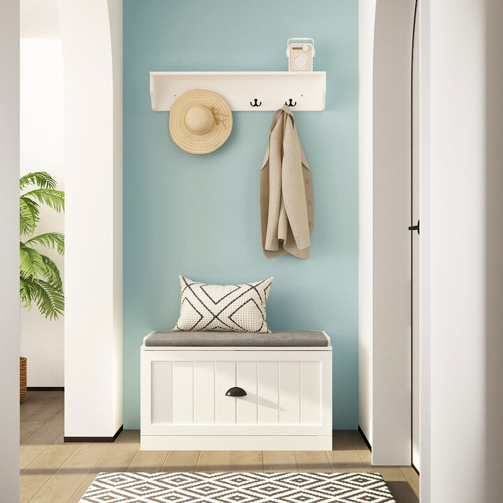 19.7 in. H x 31.5 in. W, White Wood Shoe Storage Bench, Coat Hanger & Wardrobe 3-IN-1 (Shoe Storage Bench & Hanger)