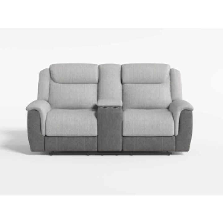 Feo Manual Reclining Loveseat w Console, White Gray Microfiber 76 Inch - Benzara