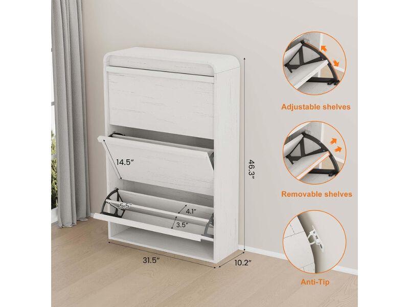 Entryway Wood Shoe Storage Cabinet Flip Drawer Adjustable Shelves White image number 2