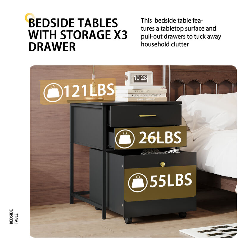 FUFU&GAGA Compact Nightstand, Black Laminate with Gold Handles, (21.7"W x 22.8"D x 27"H), with Pull-out Drawers and Rolling Casters