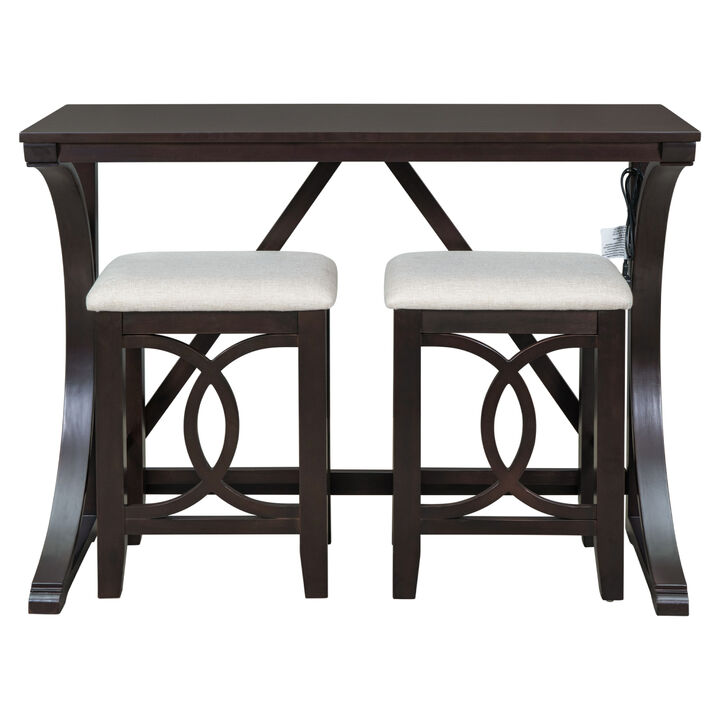 Farmhouse 3-Piece Counter Height Dining Table Set with USB Port and Upholstered Stools, Espresso