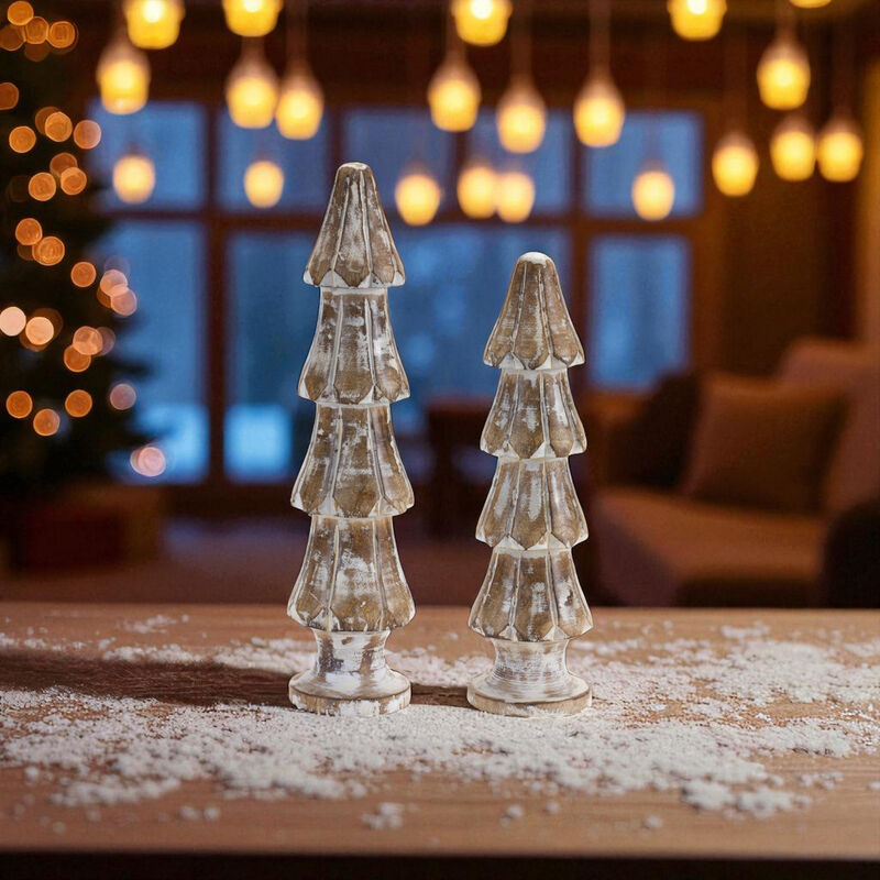 Set of 2 Washed Wood Pine Trees for Rustic Holiday Tabletop or Shelf Display