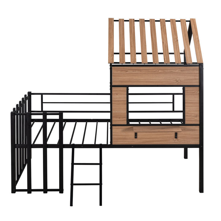 Whisen Metal Twin size Loft Bed with Roof, Window, Guardrail- Black