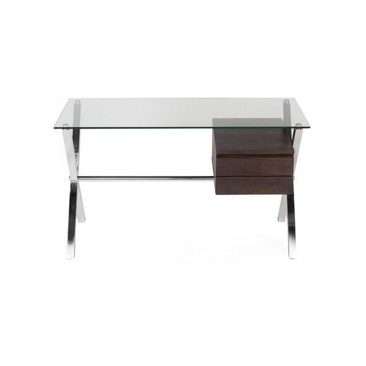 Tia 51 Inch Small Office Desk, Glass Tempered Top, 2 Drawers, Dark Brown - Benzara