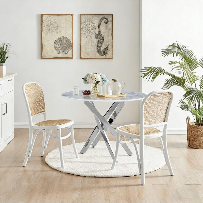 35.43 inches Modern Round Glass Table with Metal Frame image number 2