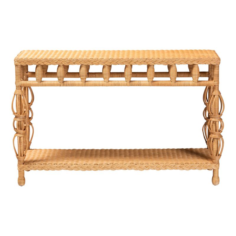 bali & pari Dolby Natural Rattan Console Table - Handwoven Wicker Accent Table with Openwork Design and Lower Shelf, Coastal Boho Style for Entryway or Living Room